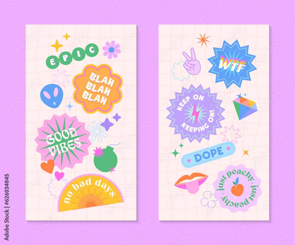 Vector insta story templates with patches and stickers in 90s style.Smm banners in y2k aesthetic with chess background.Funky designs for social media marketing,branding,packaging