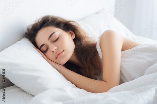 Young woman portrait, lying in comfortable bed after awakening, happy positive young female wearing pajama resting on soft pillows under warm blanket, enjoying morning