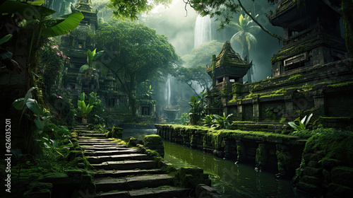 Enchanting green fantasy forest with a path to a hidden temple