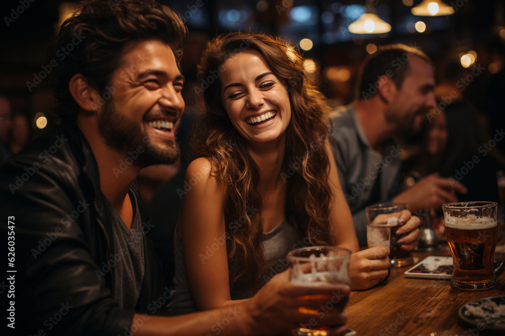 handsome group of friends, male and female, having fun together at a restaurant or pub or club, drinking beer or any other beverage