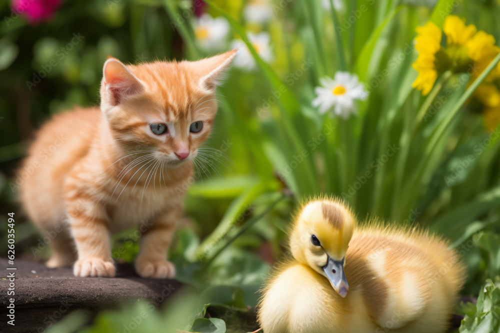 A kitten plays with a baby duckling. Generated ai