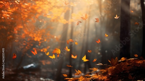 Autumn leaves in the forest. Beautiful nature scene with sunbeams. Generative AI.