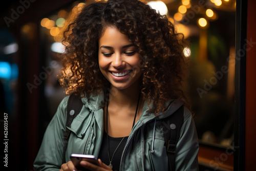 beautiful black woman portrait using smartphone on the street while smiling