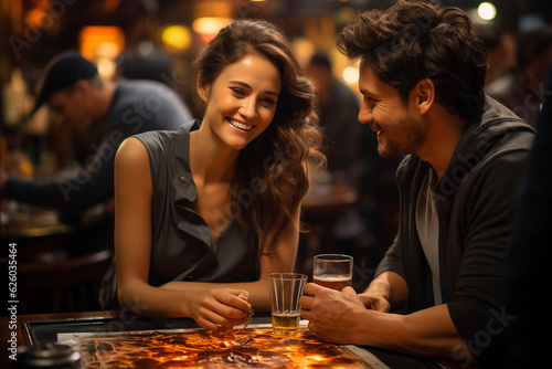 handsome group of friends  male and female  having fun together at a restaurant or pub or club  drinking beer or any other beverage