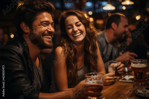 handsome group of friends, male and female, having fun together at a restaurant or pub or club, drinking beer or any other beverage photo