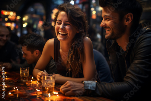 handsome group of friends, male and female, having fun together at a restaurant or pub or club, drinking beer or any other beverage