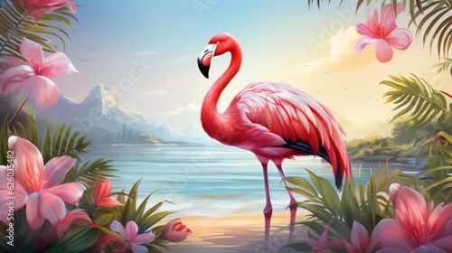  Pink flamingo on the background of a tropical landscape. Vector illustration. Generative AI. 