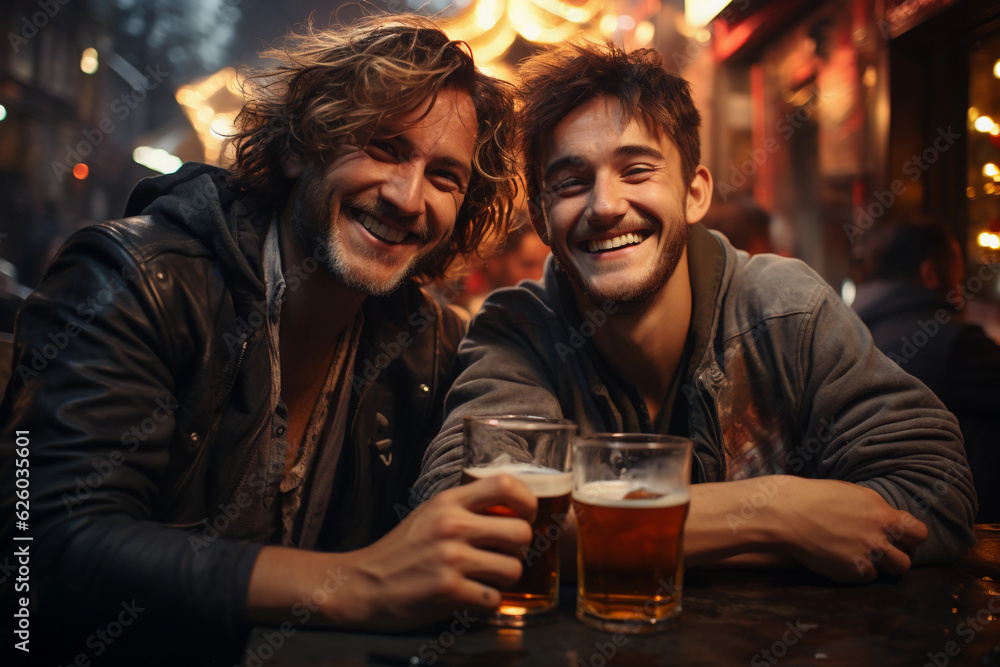two friends together in a party or a club or a pub, having fun drinking beer or any alcoholic drink