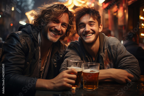 two friends together in a party or a club or a pub, having fun drinking beer or any alcoholic drink