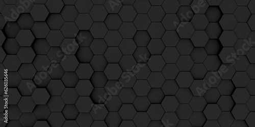Luxury hexagonal abstract black metal background. Dark 3d geometric texture illustration. Grid pattern. Pure black horizontal banner wallpaper. Carbon elegant. © STOCKIMAGE