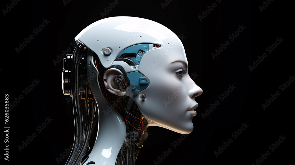 Female face robot android. Neuro interface. Link to the world of Artifical intelligence. Generative AI visual concept. Female face robot android. Neuro interface. Link to the world of Artifical intelligence. Generative AI visual concept.