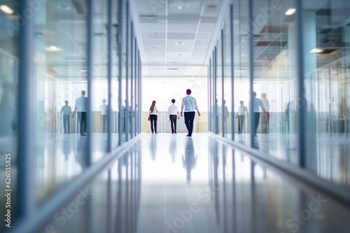 Blurred business people in white glass office background. Generated ai