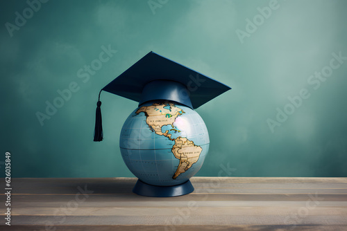 A globe with a graduation cap