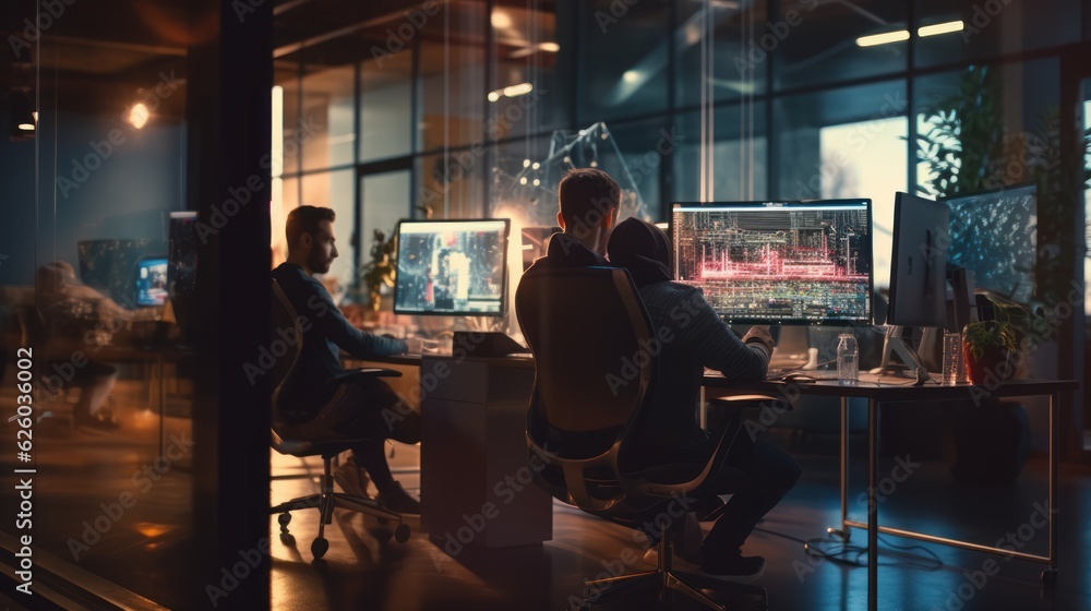 A scene showcasing a team of software developers coding, collaborating, and testing applications in a modern development environment