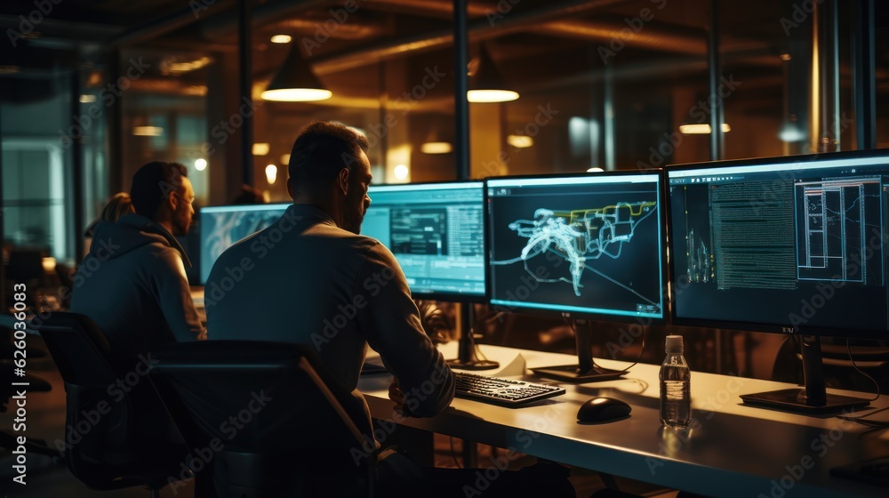 A scene showcasing a team of software developers coding, collaborating, and testing applications in a modern development environment A scene showcasing a team of software developers coding, collaborating, and testing applications in a modern development environment