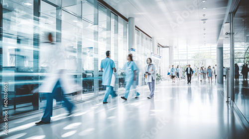 Blurred doctor woman walk fast movement in hospital with patients waiting on seats background. Generated ai.