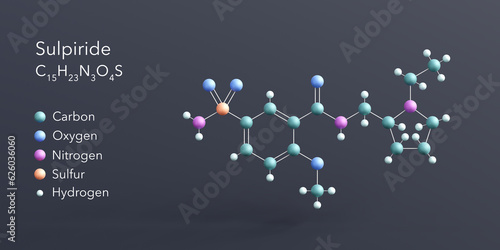 sulpiride molecule 3d rendering, flat molecular structure with chemical formula and atoms color coding photo