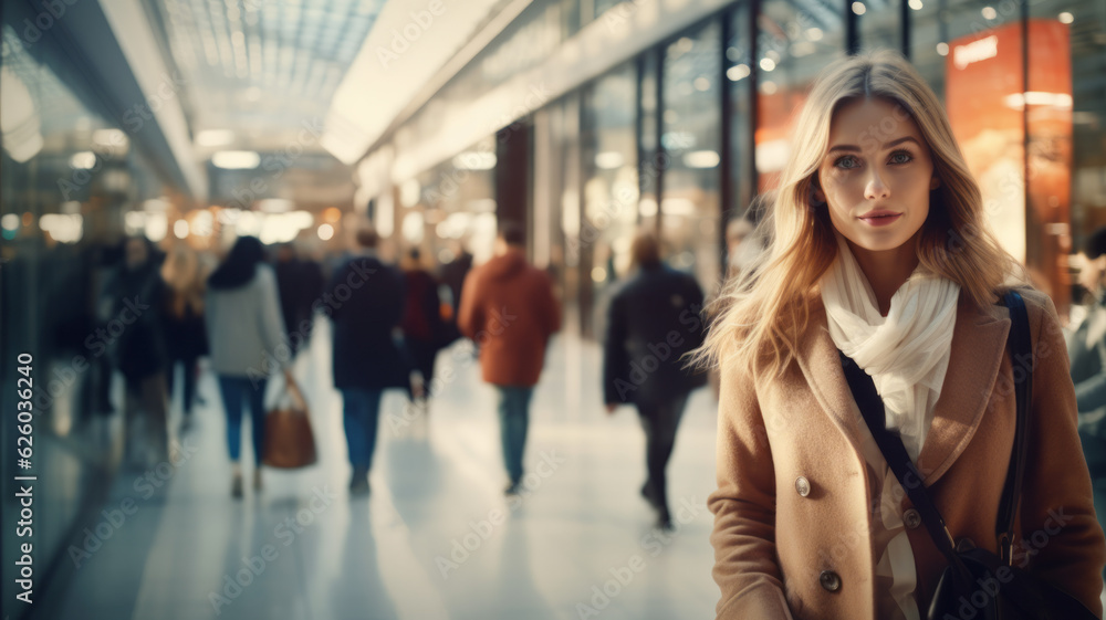 Defocus or blurred shopping mall with people abstract bokeh light background in department store interior. generated ai