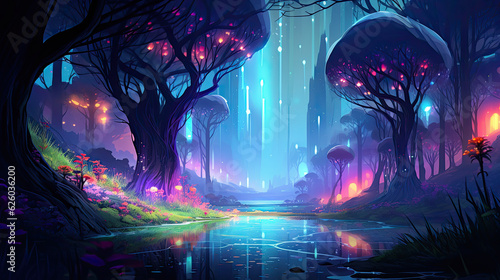 Trees, epic fantasy forest, epic landscape, space background, vibrant fantasy background © EchoStudios