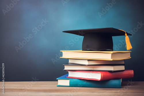 A stack of colorful textbooks and a graduation cap