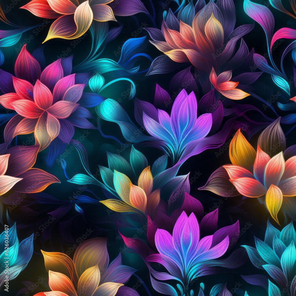 Neon rainbow florescent glow flowers seamless pattern - colorful flower background