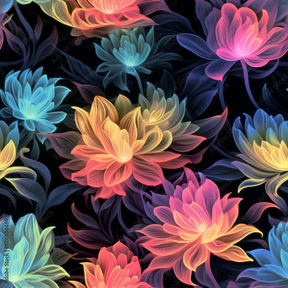 Blue and yellow florescent glow flowers seamless pattern - colorful flower background