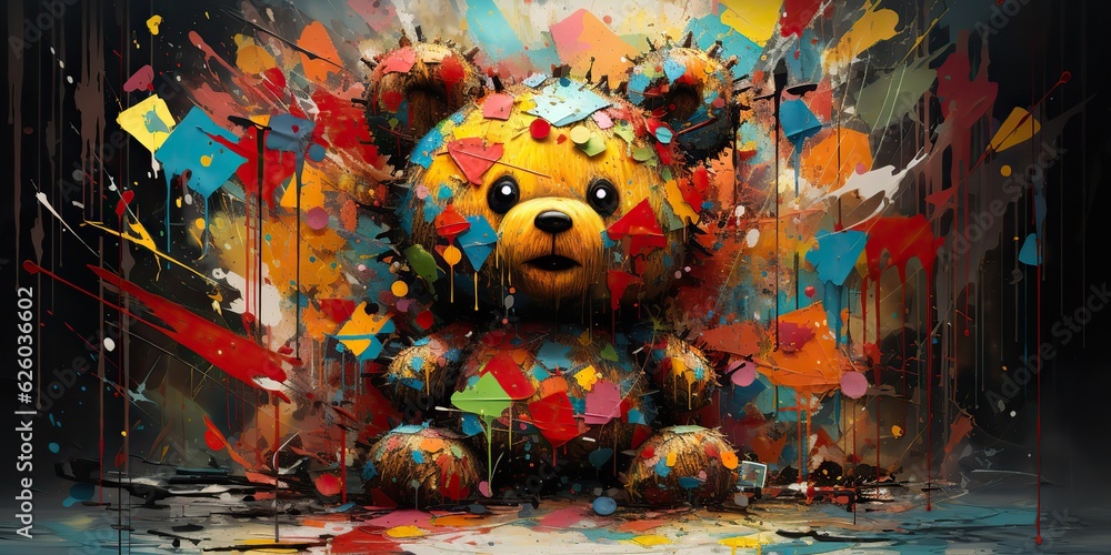 AI Generated. AI Generative. Cute little cartoon bear kid. Drawing painting watercolor oil brush graffiti ink bright colors background view canvas AI Generated. AI Generative. Cute little cartoon bear kid. Drawing painting watercolor oil brush graffiti ink bright colors background view canvas