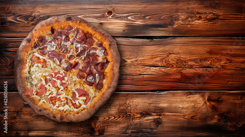 Pepperoni pizza and chicken with catupiry. top view wooden background photo
