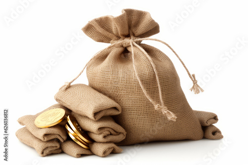 Money bag and coins isolated on a white background. Generated AI.