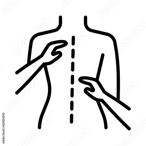 Therapeutic back massage Outline vector icon. Physiotherapy, acupuncture, rehabilitation. Isolated vector element. Pictogram for web page, mobile app, promo
