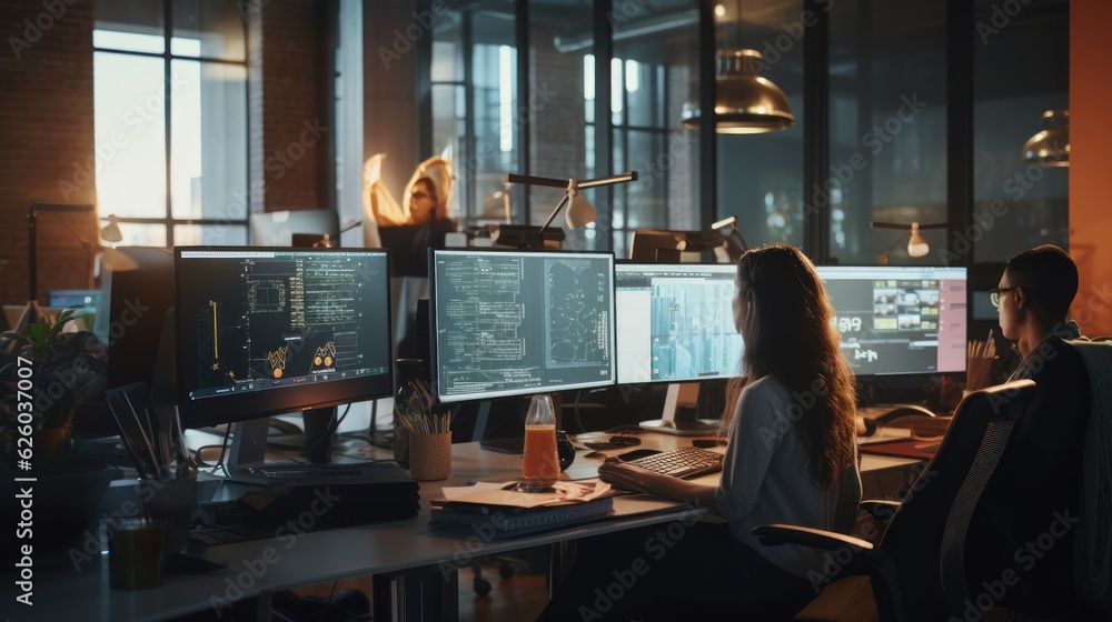 A scene showcasing a team of software developers coding, collaborating, and testing applications in a modern development environment