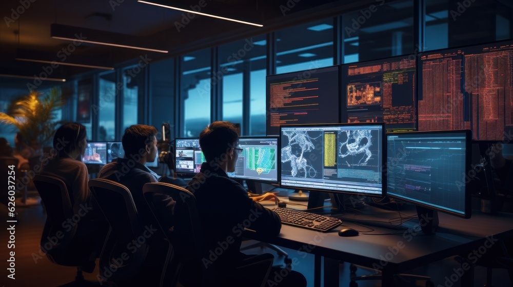 Obraz premium A scene showcasing a team of software developers coding, collaborating, and testing applications in a modern development environment
