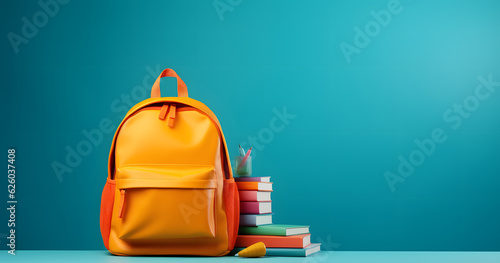 Backpack with different colorful supplies with copy space background