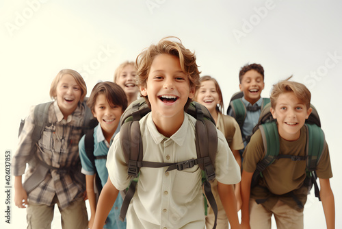 group of kids student with backpack smile excited go to school
