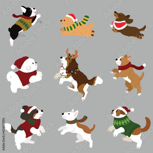 Fotobehang Simple and cute Christmas illustrations with adorable dogs jumping