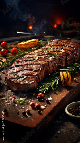 Fresh grilled beefsteak on table with fresh vegetables and spices around. Vertical view.