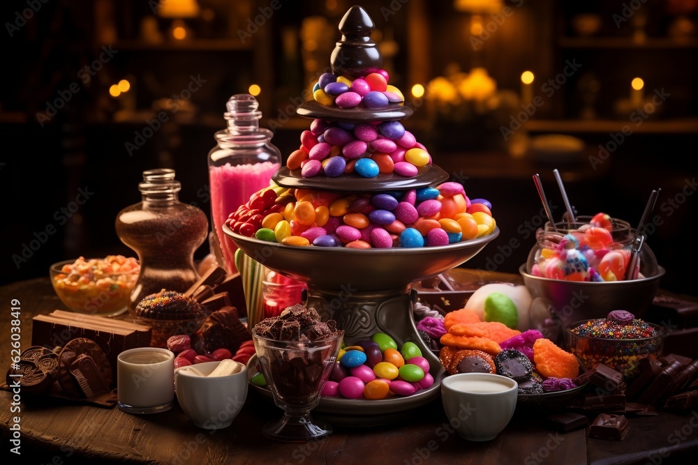A Chocolate Fountain Encircled by Candy. AI