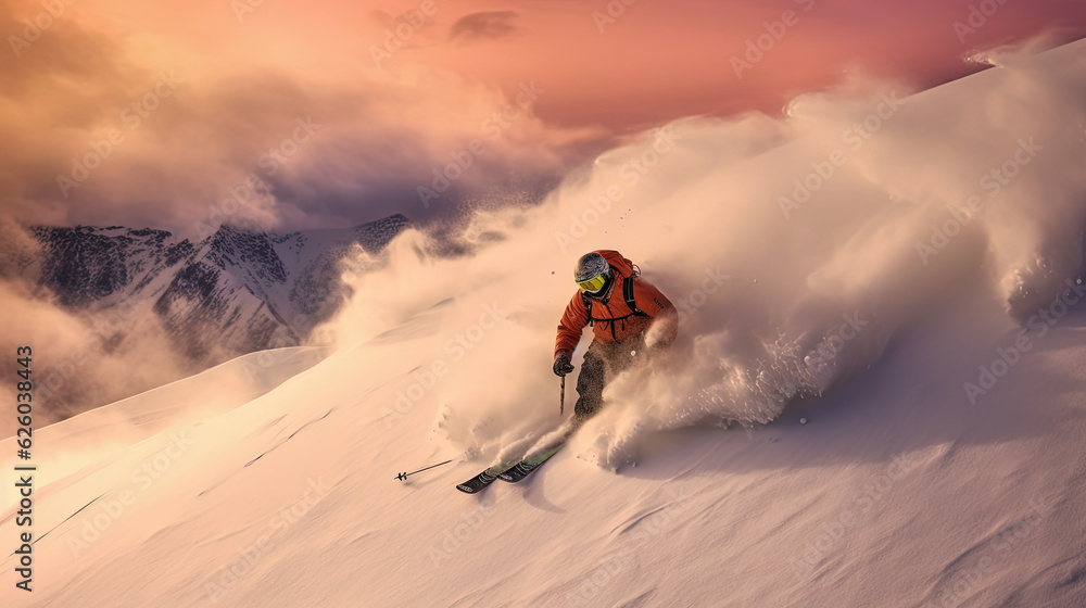Skier on top of the mountain at sunset. Generative AI