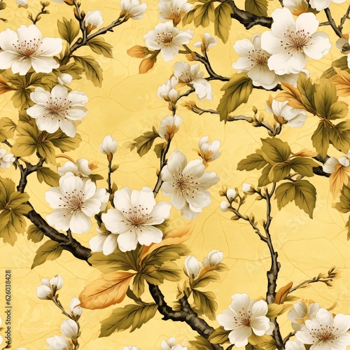 Enchanting Yellow Flora  A Seamless Background of Elegant Floral Patterns in Rich Hues  Embracing Cultural Elegance and Timeless Artistry