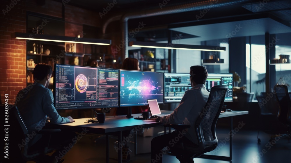 A scene showcasing a team of software developers coding, collaborating, and testing applications in a modern development environment A scene showcasing a team of software developers coding, collaborating, and testing applications in a modern development environment