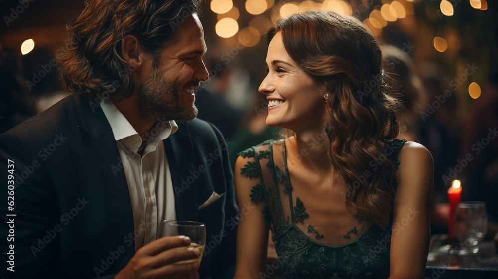 Happy Young Adult Couple Enjoying The Holiday Party Together - Generative AI. Happy Young Adult Couple Enjoying The Holiday Party Together - Generative AI.