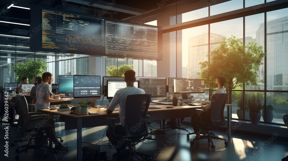 A scene showcasing a team of software developers coding, collaborating, and testing applications in a modern development environment A scene showcasing a team of software developers coding, collaborating, and testing applications in a modern development environment
