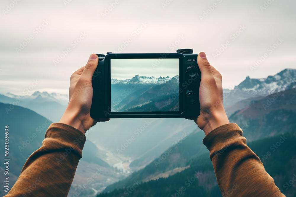 a hand holding up an analog camera with nature background