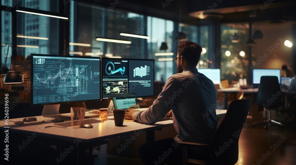 A scene showcasing a team of software developers coding, collaborating, and testing applications in a modern development environment A scene showcasing a team of software developers coding, collaborating, and testing applications in a modern development environment