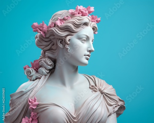 Marble bust of a woman. Fashionably decorated Ancient Greek female statue, wearing a flower wreath on her head, pastel colors, pink and blue. Blue background. 