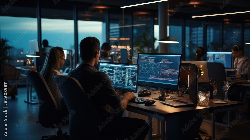 A scene showcasing a team of software developers coding, collaborating, and testing applications in a modern development environment A scene showcasing a team of software developers coding, collaborating, and testing applications in a modern development environment