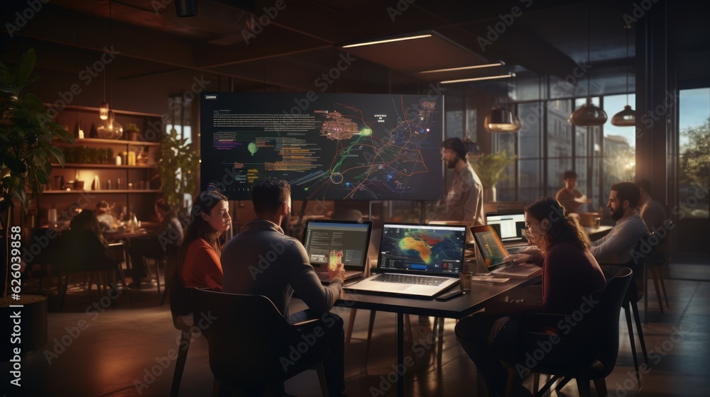 A scene showcasing a team of software developers coding, collaborating, and testing applications in a modern development environment A scene showcasing a team of software developers coding, collaborating, and testing applications in a modern development environment