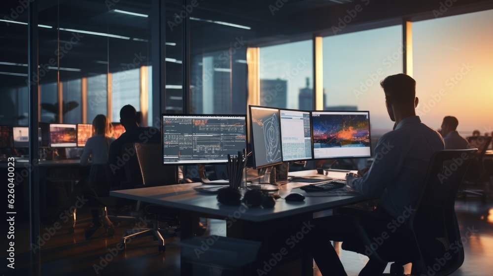 A scene showcasing a team of software developers coding, collaborating, and testing applications in a modern development environment A scene showcasing a team of software developers coding, collaborating, and testing applications in a modern development environment