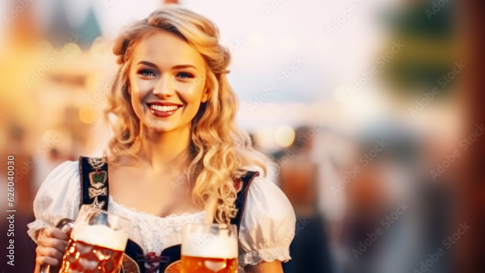 Young pretty smiling blonde waitress with mugs with beer on holiday outdoor party background. Celebrating Oktoberfest. Party background. Harvest festival. Copy space Young pretty smiling blonde waitress with mugs with beer on holiday outdoor party background. Celebrating Oktoberfest. Party background. Harvest festival. Copy space