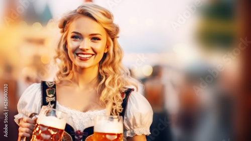 Young pretty smiling blonde waitress with mugs with beer on holiday outdoor party background. Celebrating Oktoberfest. Party background. Harvest festival. Copy space